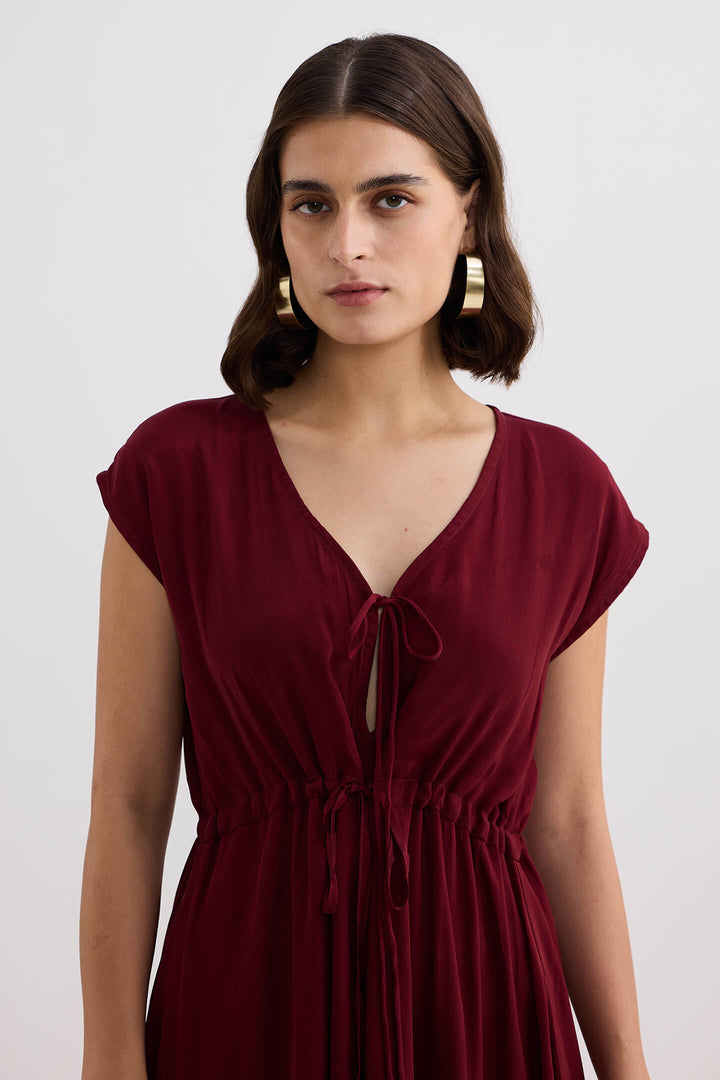 Deep V-Neck Gathered Dress | Burgundy