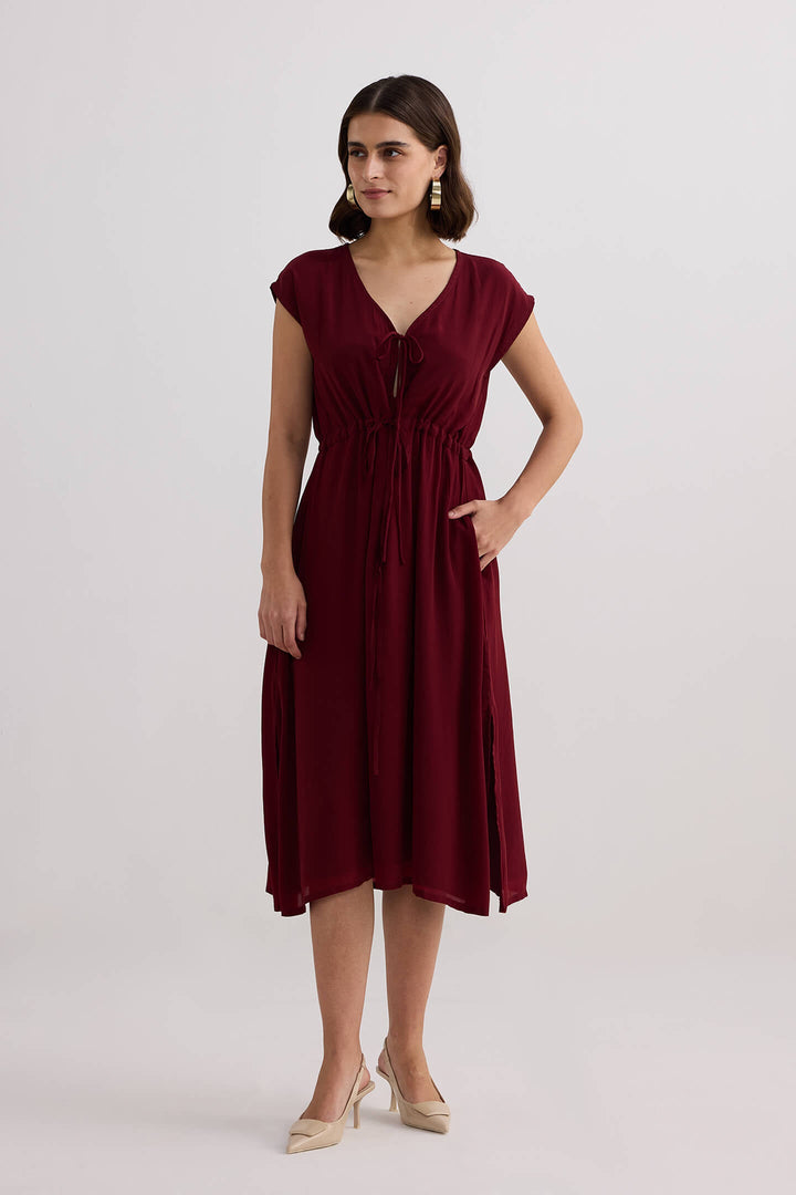 Deep V-Neck Gathered Dress | Burgundy