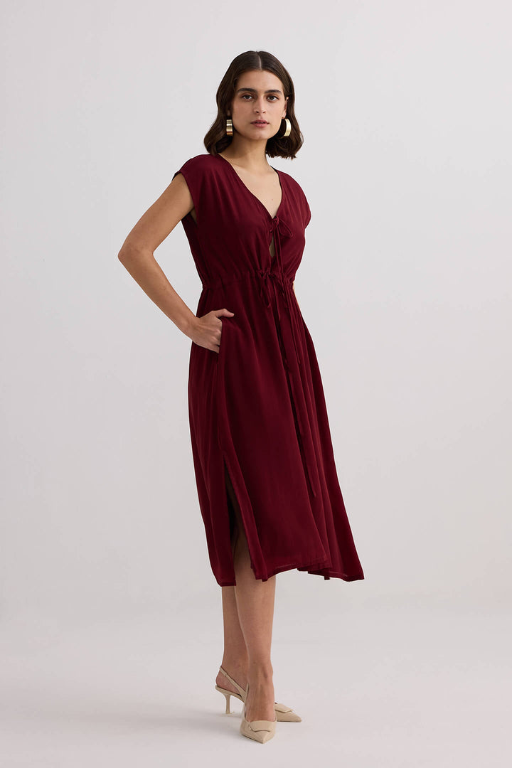 Deep V-Neck Gathered Dress | Burgundy