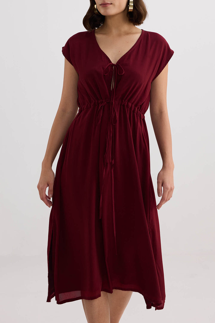 Deep V-Neck Gathered Dress | Burgundy