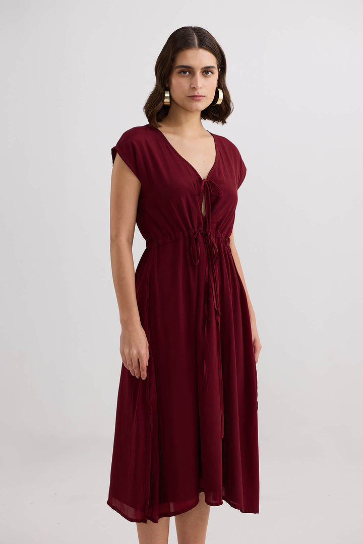 Deep V-Neck Gathered Dress | Burgundy