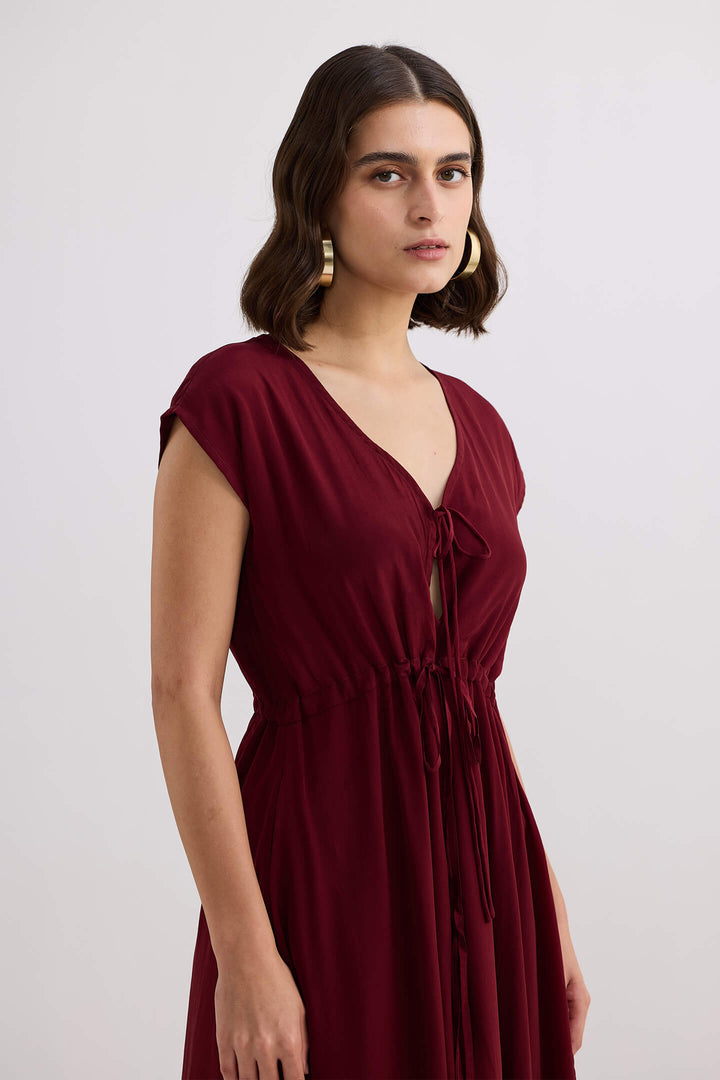 Deep V-Neck Gathered Dress | Burgundy