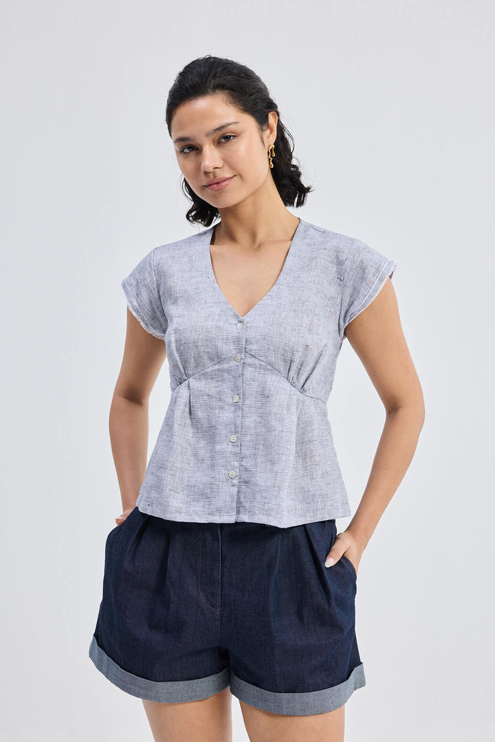 Deep V-Neck Short Top | Linen Stripes