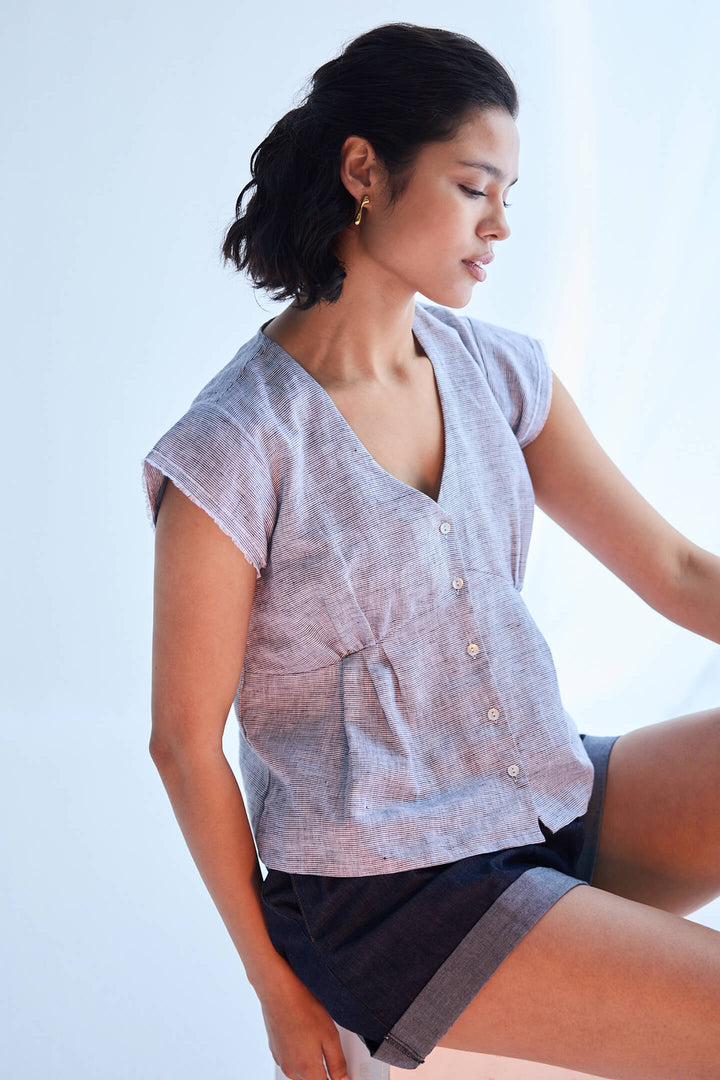 Deep V-Neck Short Top | Linen Stripes