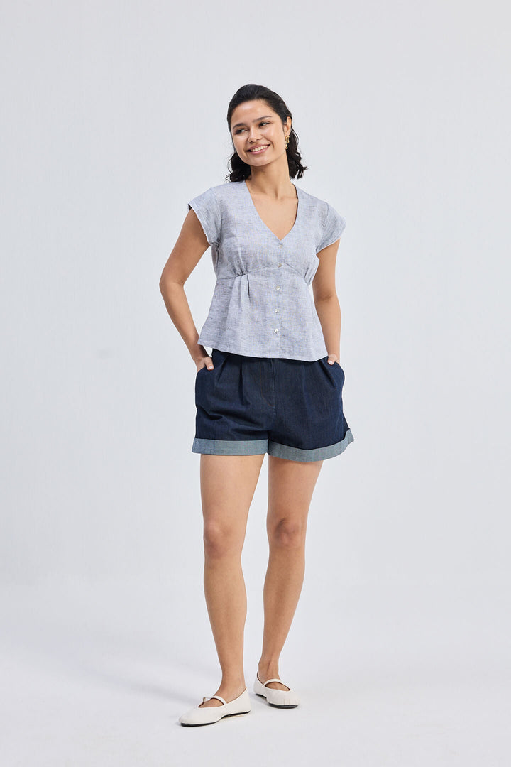 Deep V-Neck Short Top | Linen Stripes