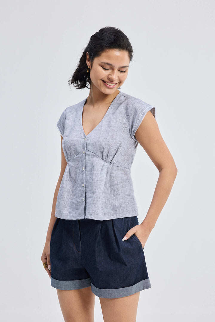 Deep V-Neck Short Top | Linen Stripes