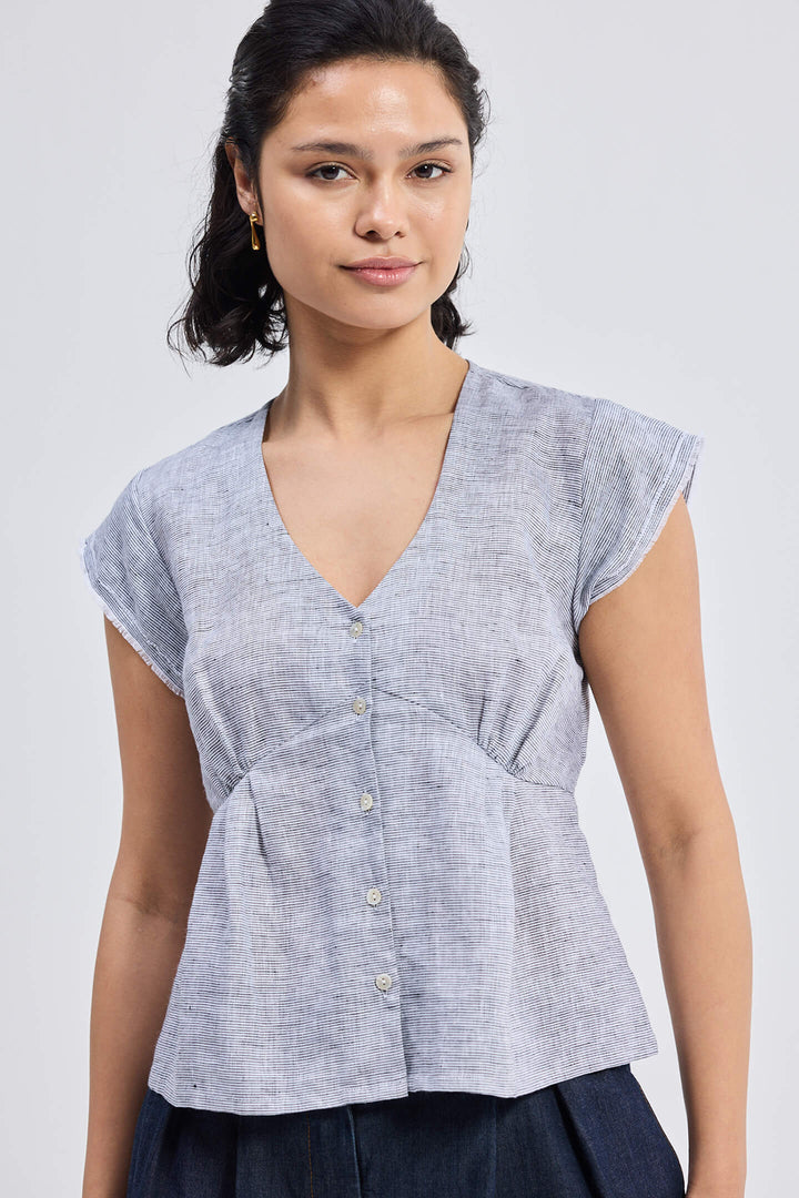 Deep V-Neck Short Top | Linen Stripes