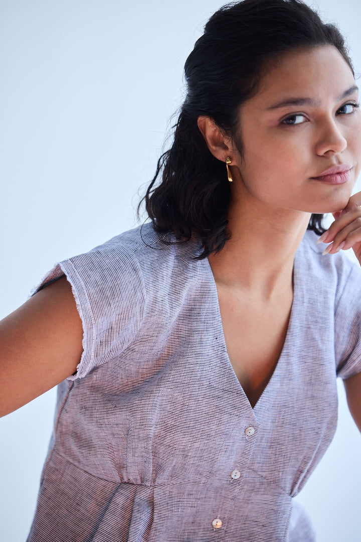 Deep V-Neck Short Top | Linen Stripes