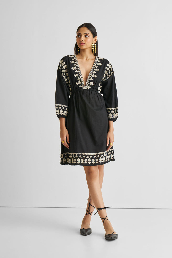 Deep V Embroidered Dress | Black