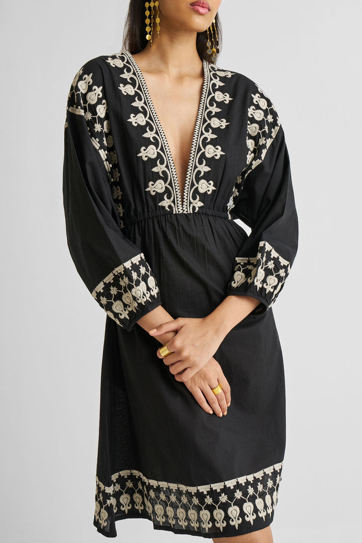 Deep V Embroidered Dress | Black