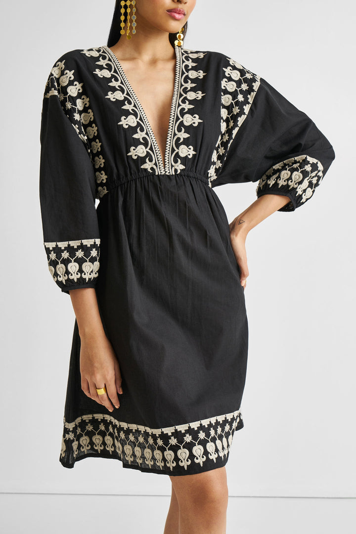 Deep V Embroidered Dress | Black