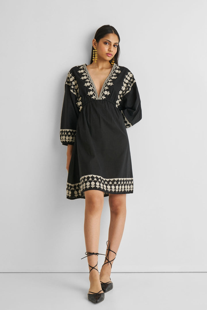 Deep V Embroidered Dress | Black