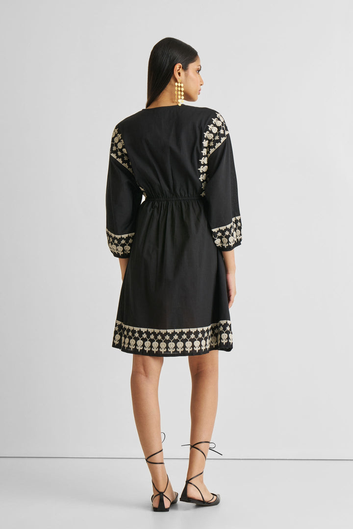 Deep V Embroidered Dress | Black