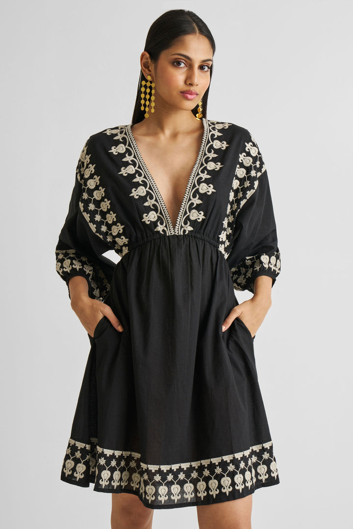 Deep V Embroidered Dress | Black