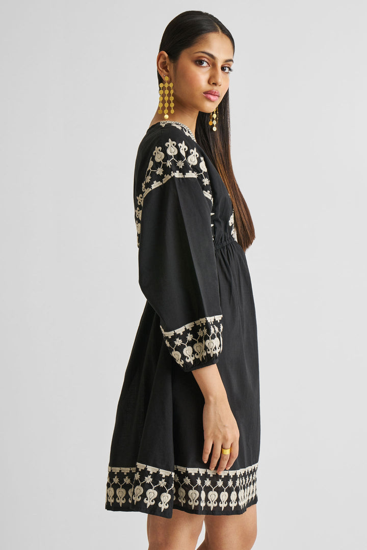 Deep V Embroidered Dress | Black
