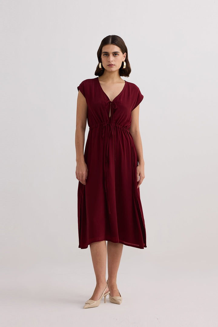 Deep V-Neck Gathered Dress | Burgundy