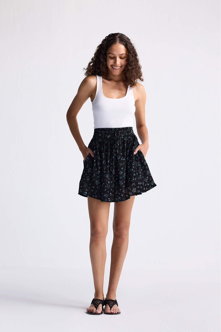 Drawstring Short Skirt | Dark Blue Florals