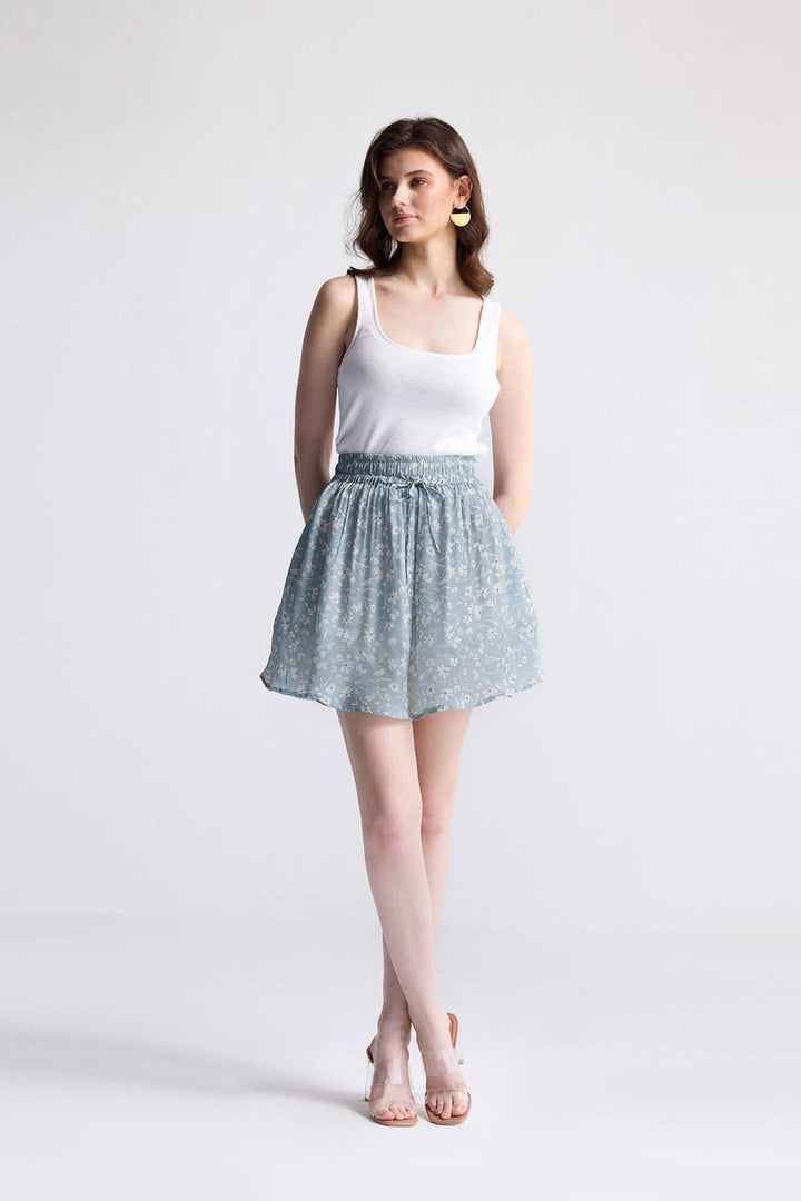 Drawstring Short Skirt | Light Blue Florals