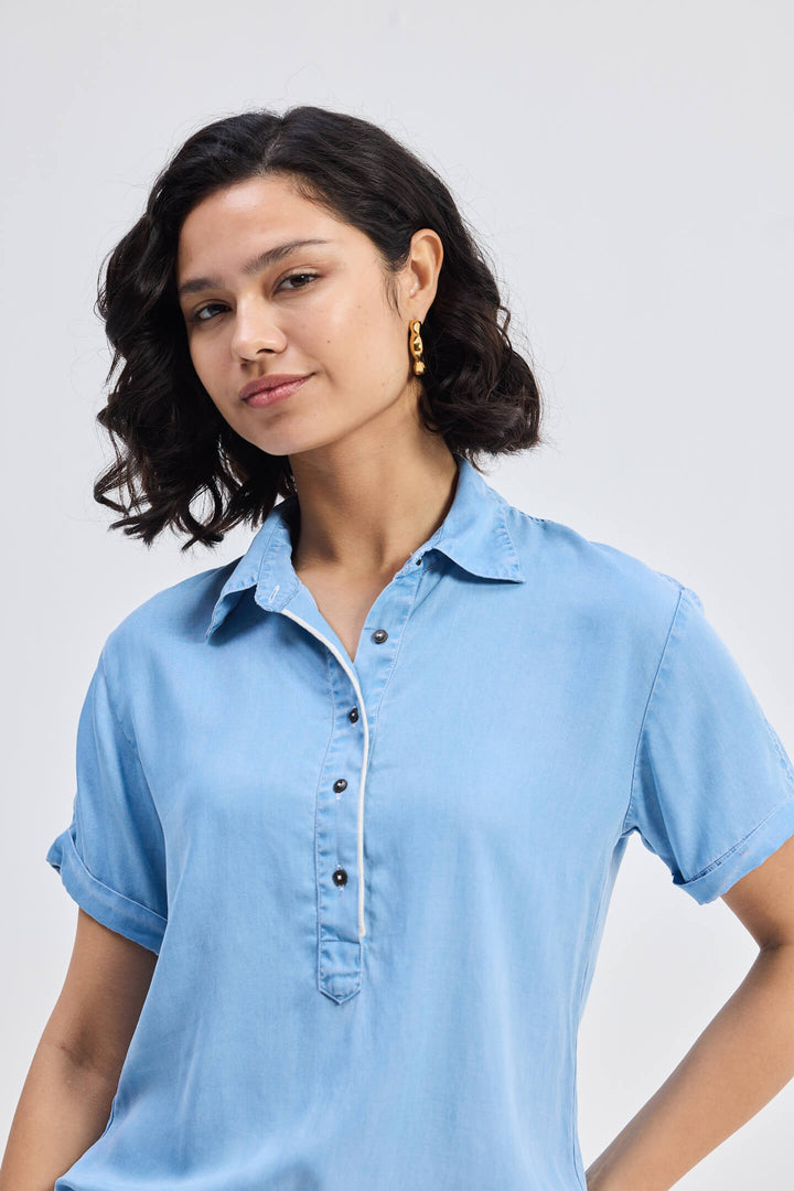 Drawstring Denim Shirt Dress With Front Buttons | Blue