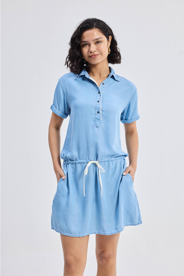 Drawstring Denim Shirt Dress With Front Buttons | Blue
