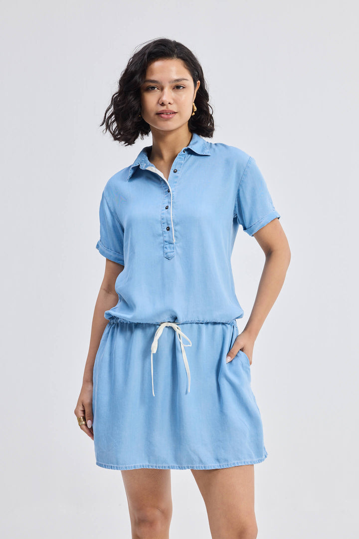 Drawstring Denim Shirt Dress With Front Buttons | Blue