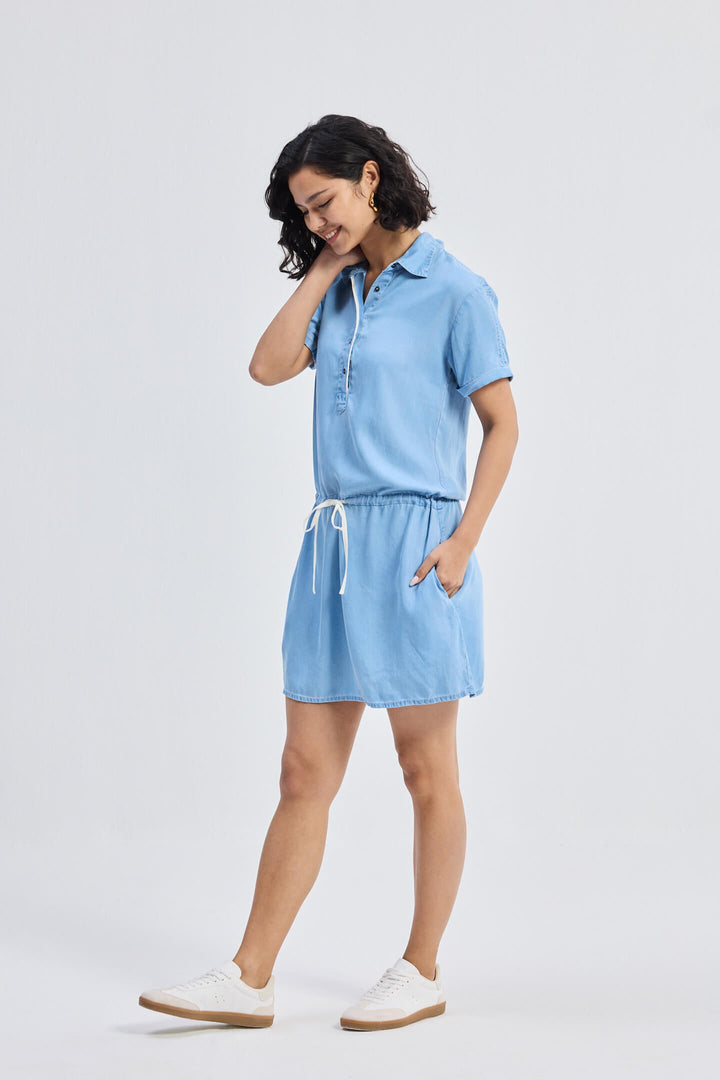 Drawstring Denim Shirt Dress With Front Buttons | Blue