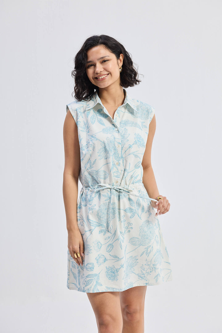 Drawstring Shirt Dress | Blue Florals