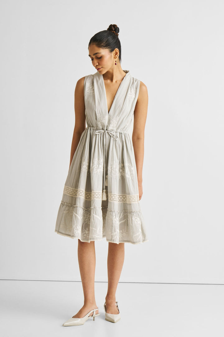 Embroidered Drawstring Gathered Dress | Grey