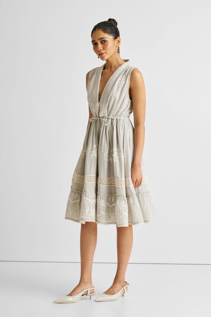 Embroidered Drawstring Gathered Dress | Grey