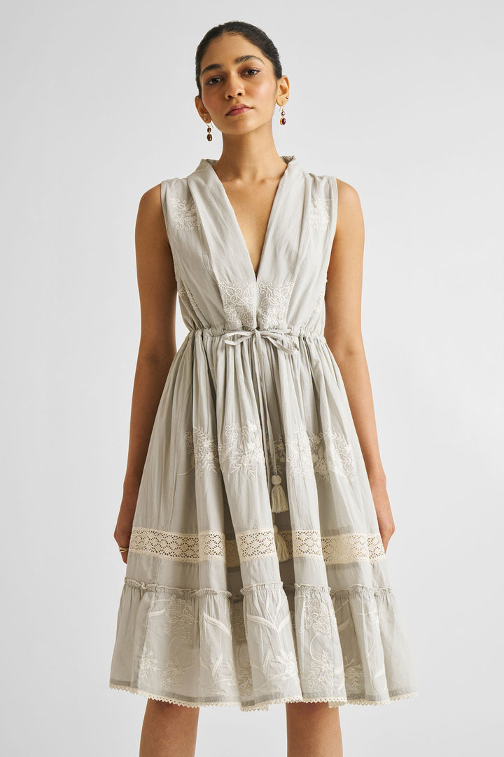 Embroidered Drawstring Gathered Dress | Grey