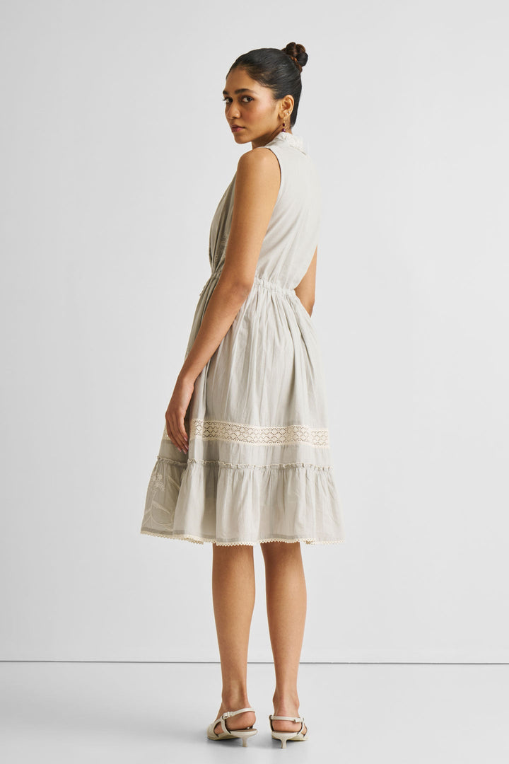 Embroidered Drawstring Gathered Dress | Grey
