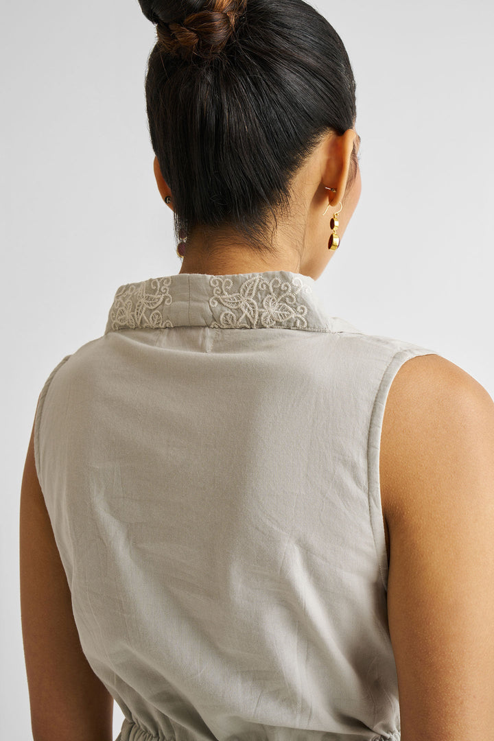 Embroidered Drawstring Gathered Dress | Grey