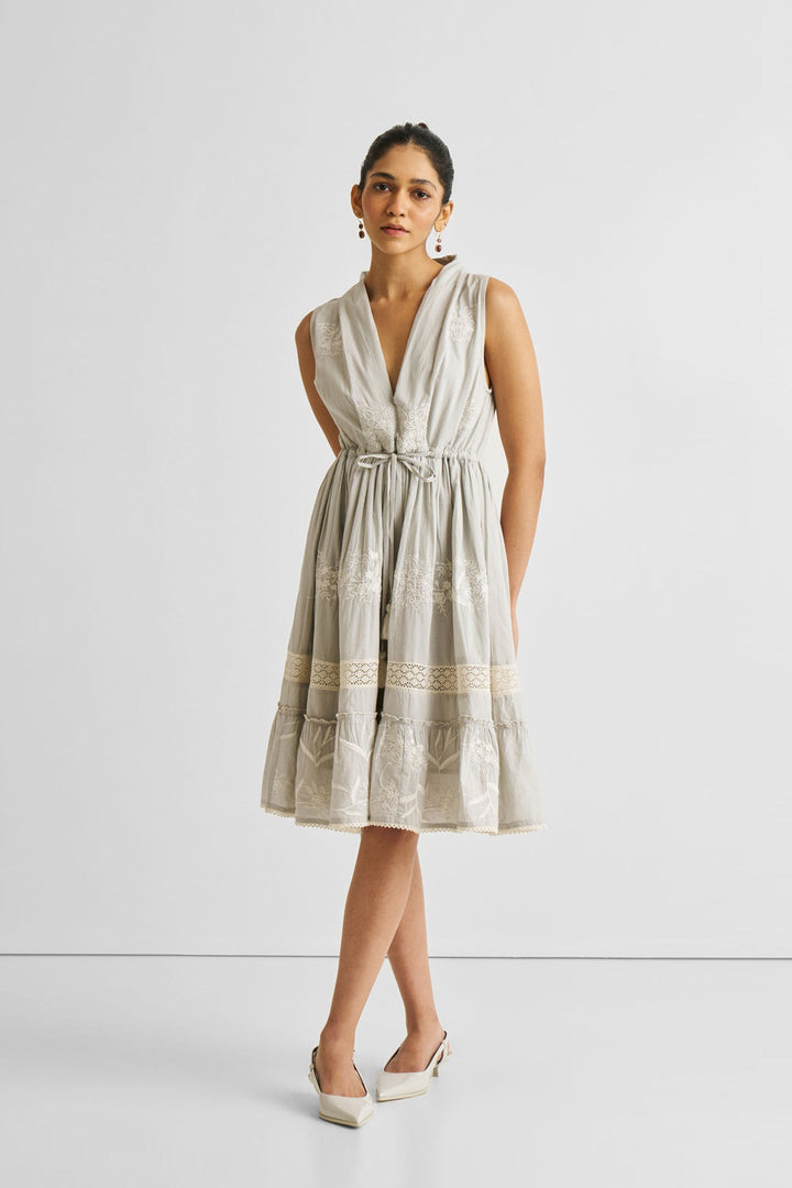 Embroidered Drawstring Gathered Dress | Grey