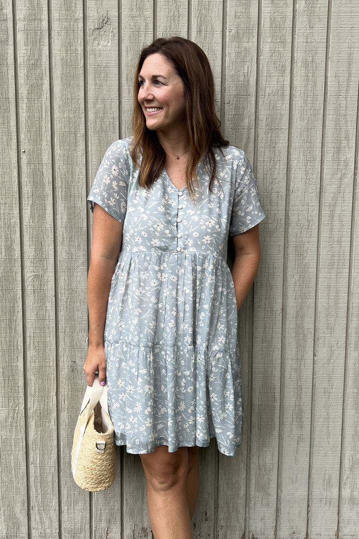 Floral Short Tiered Dress | Light Blue