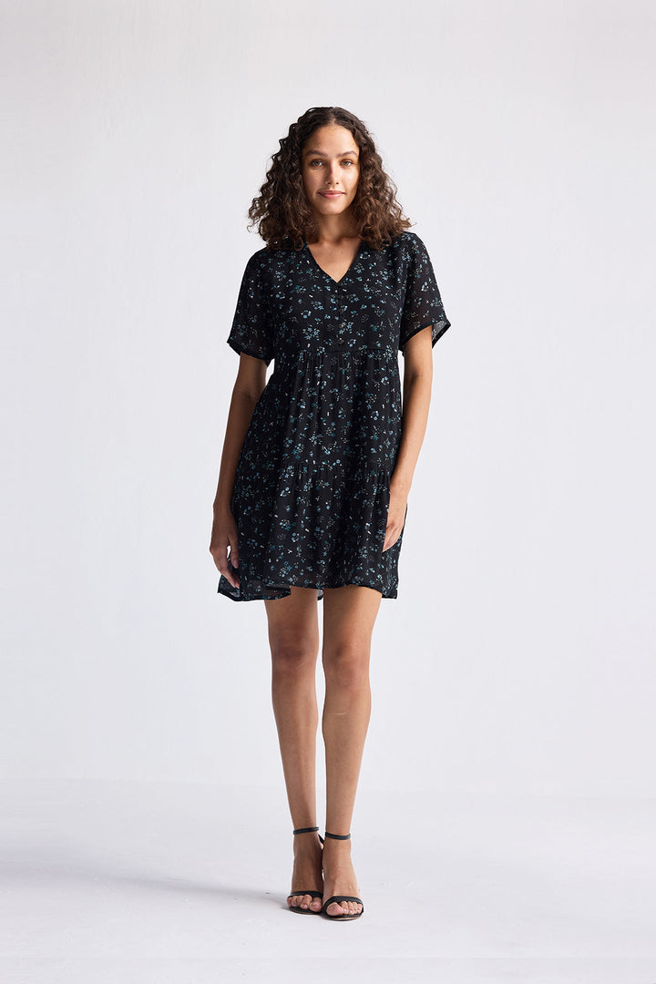 Floral Short Tiered Dress | Dark Blue