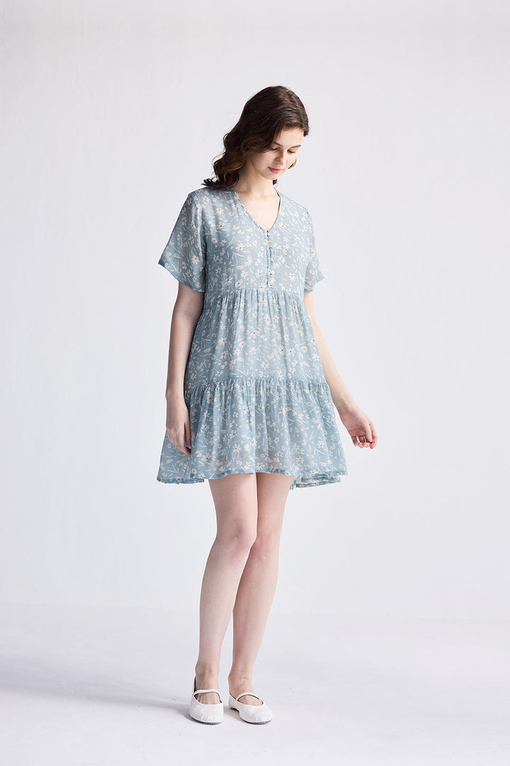 Floral Short Tiered Dress | Light Blue