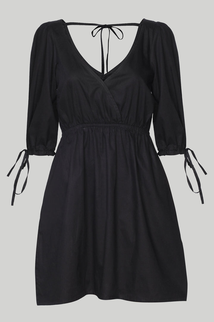 Gathered Elbow Sleeve Short Dress - Black