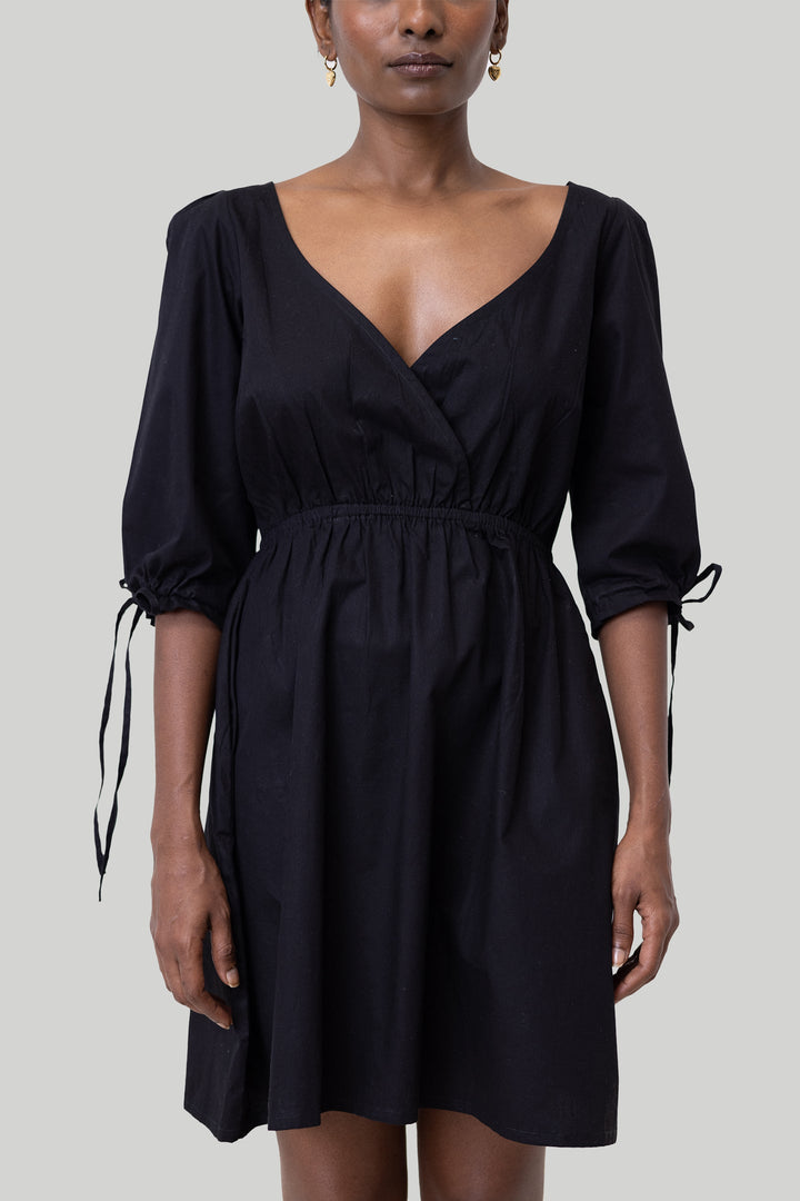Gathered Elbow Sleeve Short Dress - Black