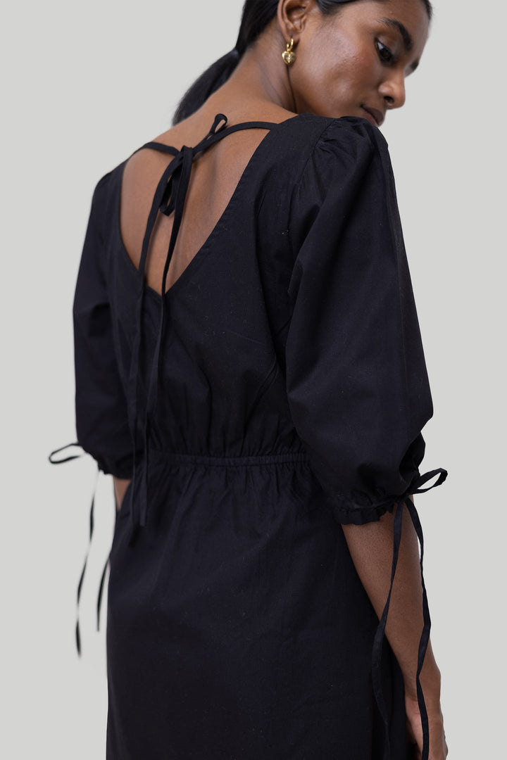 Gathered Elbow Sleeve Short Dress - Black