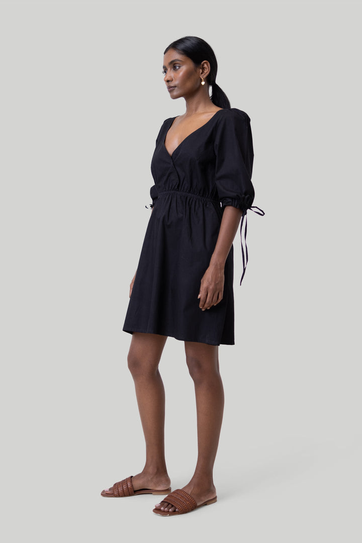 Gathered Elbow Sleeve Short Dress - Black