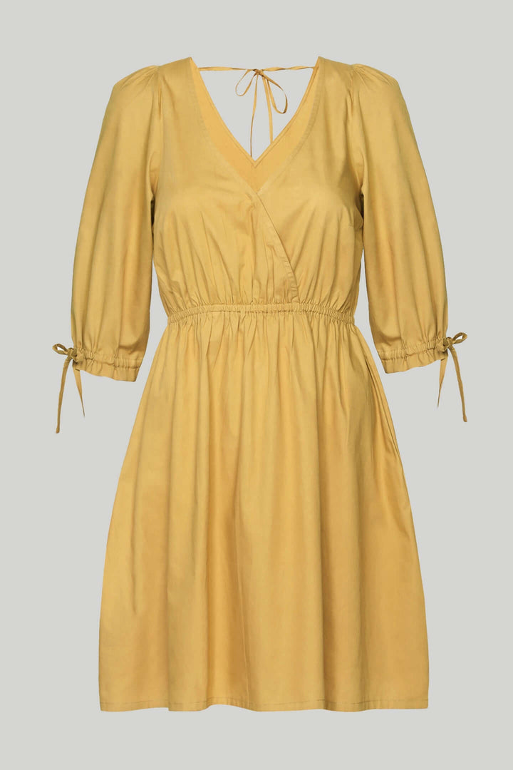 Gathered Elbow Sleeve Short Dress - Mustard