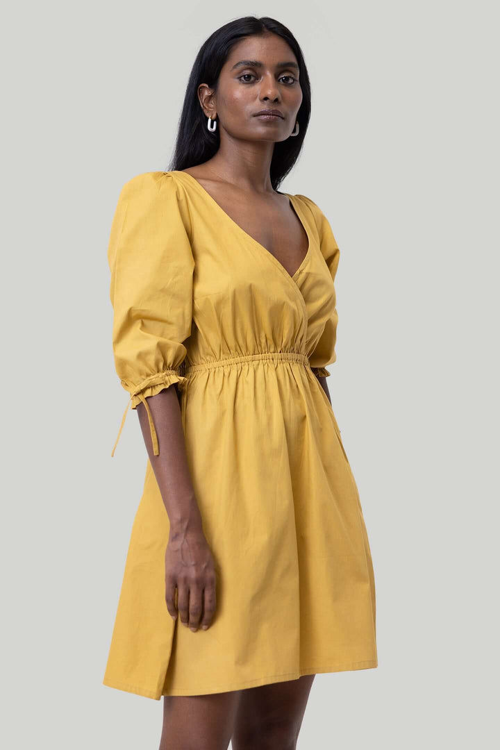 Gathered Elbow Sleeve Short Dress - Mustard