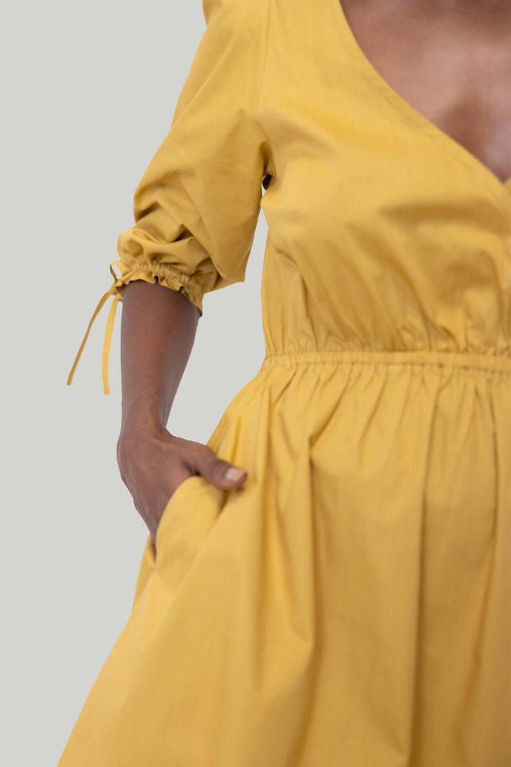 Gathered Elbow Sleeve Short Dress - Mustard