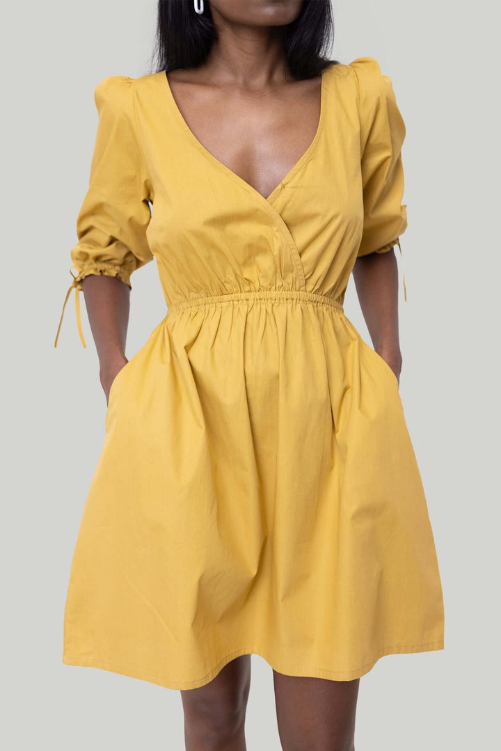 Gathered Elbow Sleeve Short Dress - Mustard
