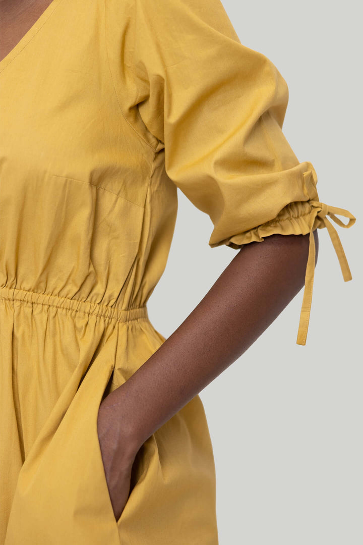 Gathered Elbow Sleeve Short Dress - Mustard