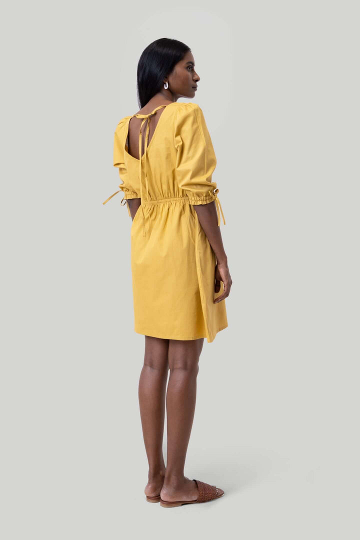 Gathered Elbow Sleeve Short Dress - Mustard