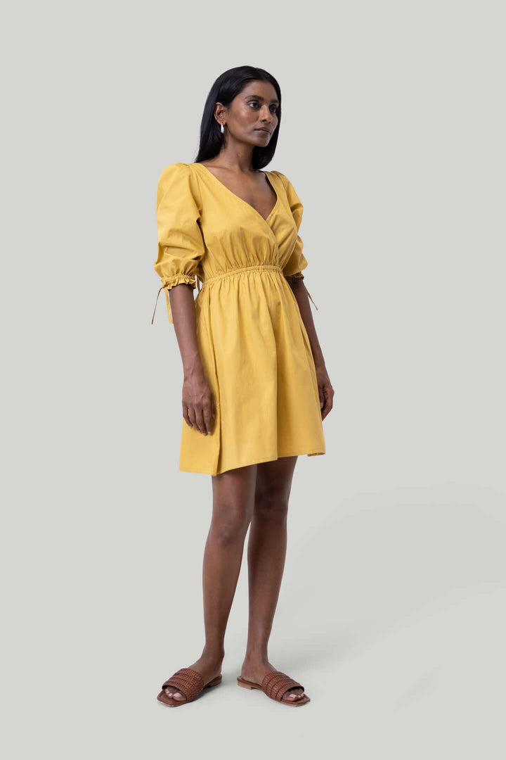 Gathered Elbow Sleeve Short Dress - Mustard