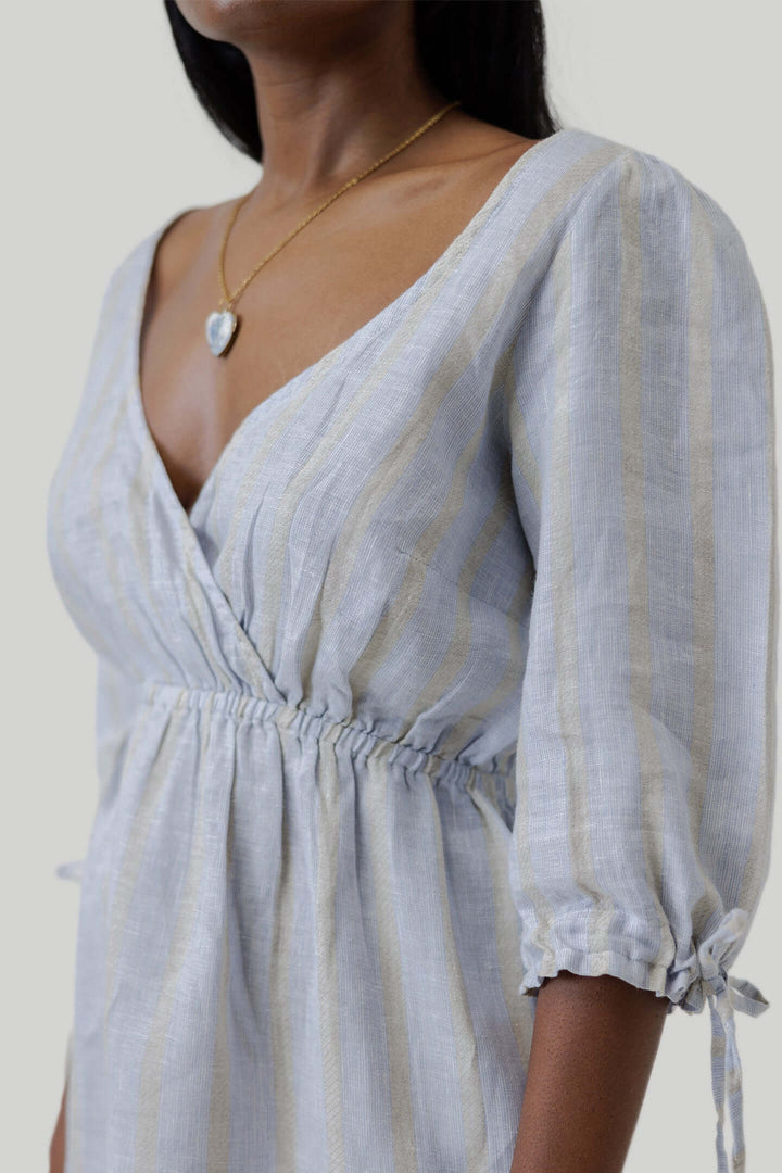 Gathered Elbow Sleeve Short Dress - Stripes