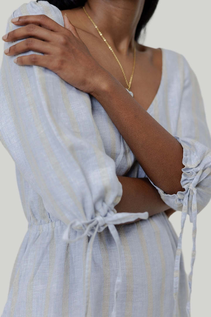 Gathered Elbow Sleeve Short Dress - Stripes