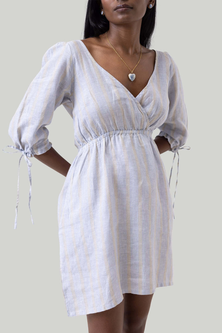 Gathered Elbow Sleeve Short Dress - Stripes